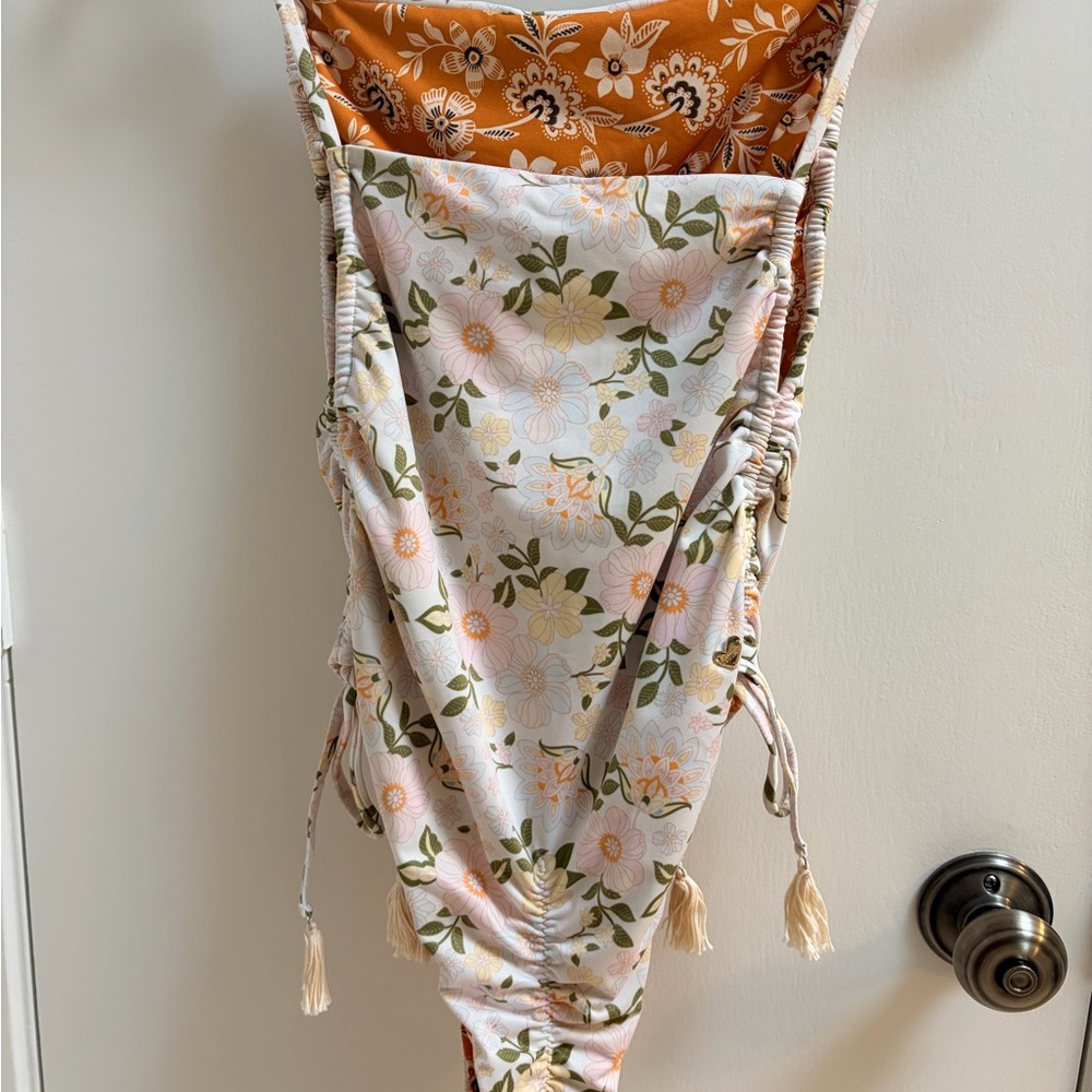 Floral Ruched One-Piece Swimsuit in Peach and Olive
